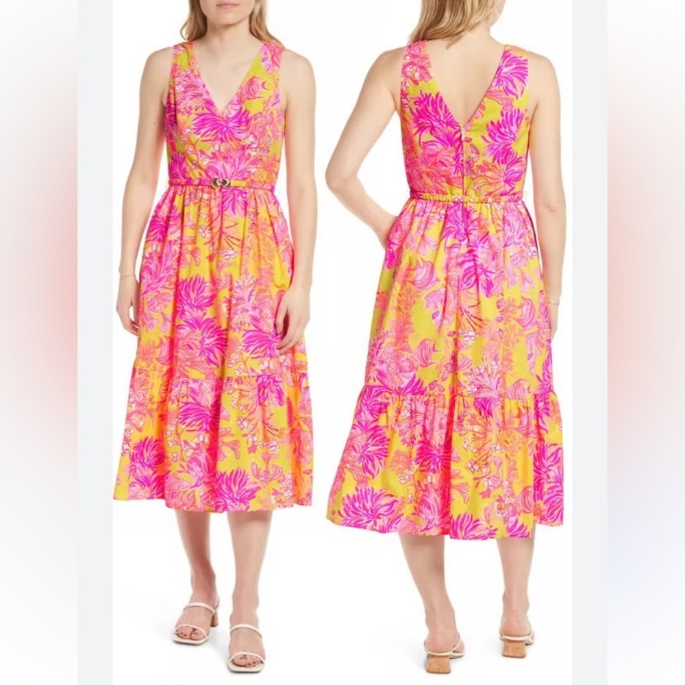 Lilly Pulitzer Bri Midi Dress in Calla Yellow Floral Coral print Size 6 NWOT